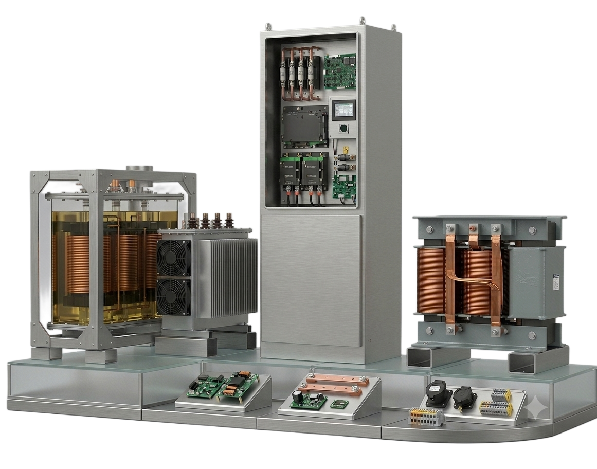 Industrial power solutions range: rectifier cabinet, oil-cooled and air-cooled stabilizers, isolation transformer