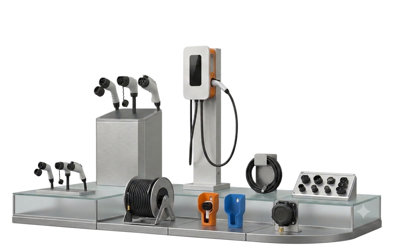EV charger accessories range: connectors, cable reels, holsters, inlets and adapters