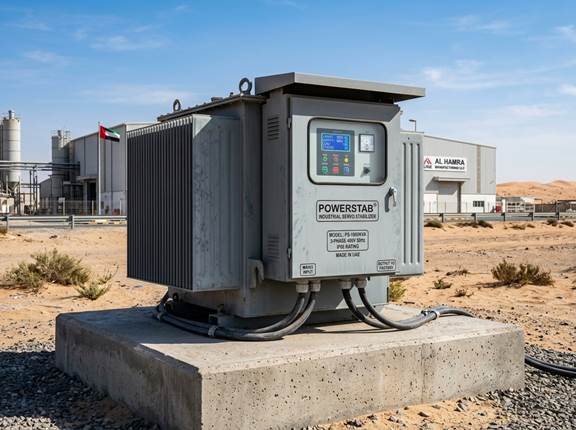 ALT Text: Weatherproof oil cooled outdoor servo voltage stabilizer in an industrial substation in Dubai by Terravolt Energy | Target Filename: outdoor-servo-voltage-stabilizer-dubai.jpg