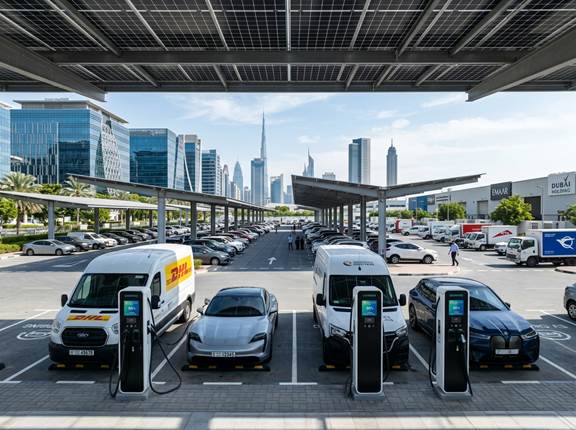 ALT Text: Commercial solar carport EV fast charging infrastructure in Dubai with fleet delivery vans by Terravolt Energy | Target Filename: commercial-ev-charging-infrastructure-dubai.jpg